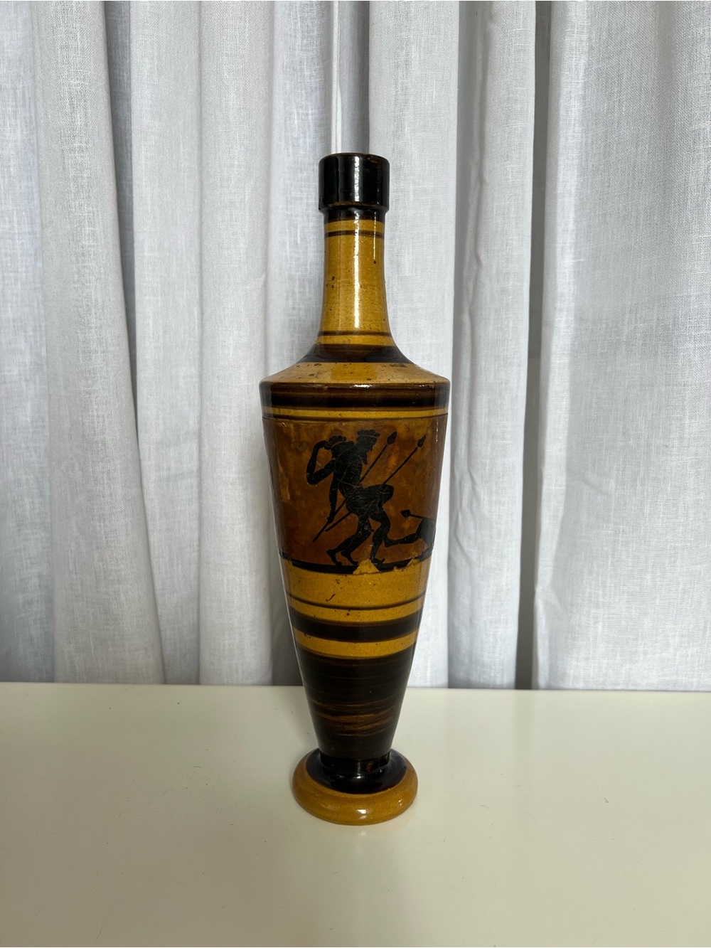 Hand-Painted Ochre and Black Ceramic Vase with Classical Silhouette
